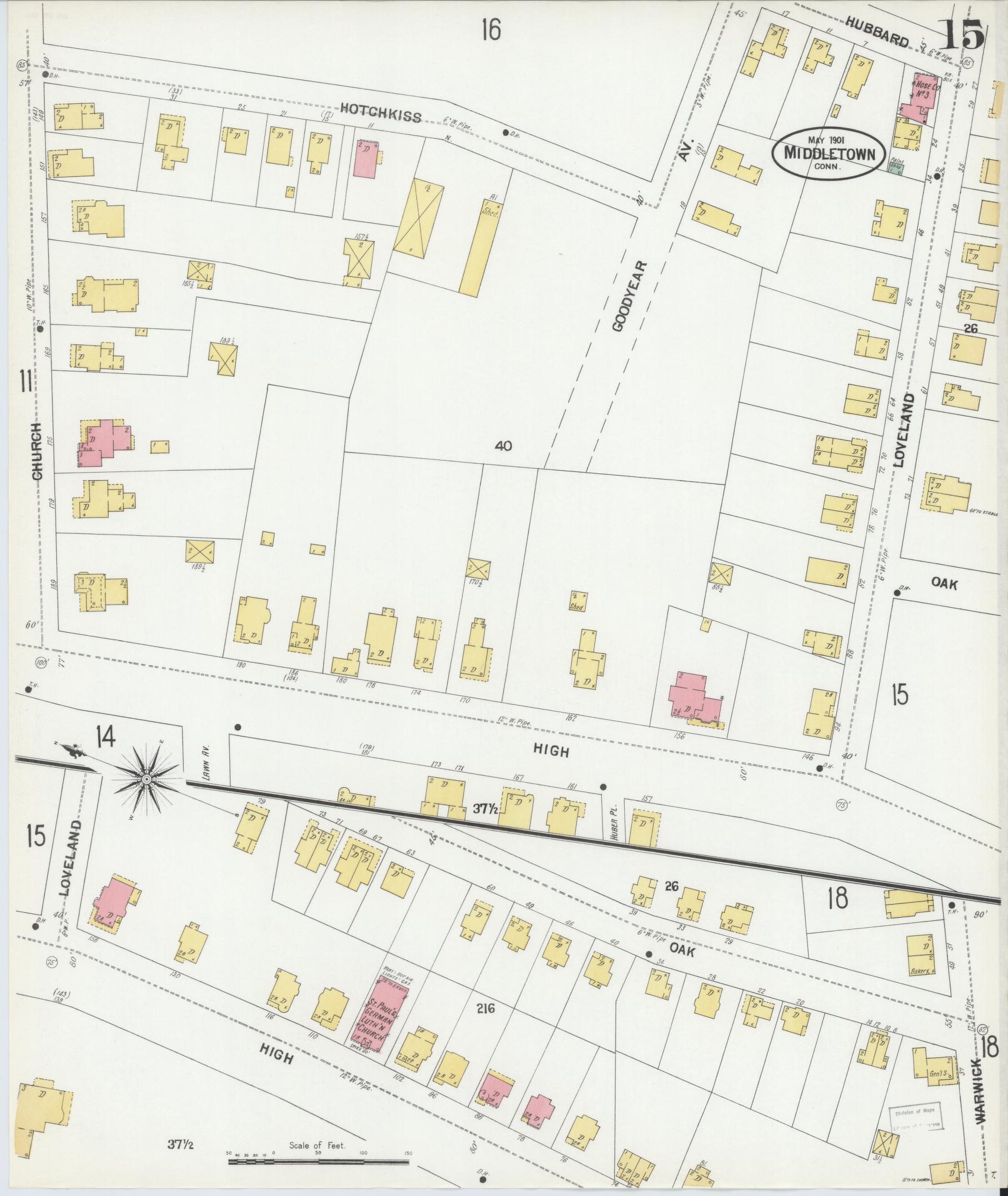 Sanborn Fire Insurance Map from Middletown, Middlesex County, Connecticut (1901), Sheet #0015 - Historic Sanborn Fire Insurance Map Print, vintage old map wall art, antique decor, genealogy gift, Connecticut Connecticut map