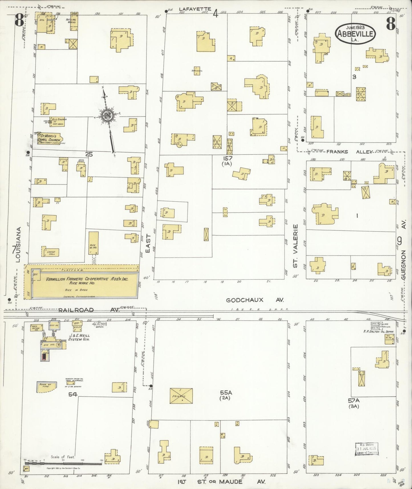 Sanborn Fire Insurance Map from Abbeville, Vermilion Parish, Louisiana (1923), Sheet #0008 - Historic Sanborn Fire Insurance Map Print, vintage old map wall art, antique decor, genealogy gift, Louisiana Louisiana map