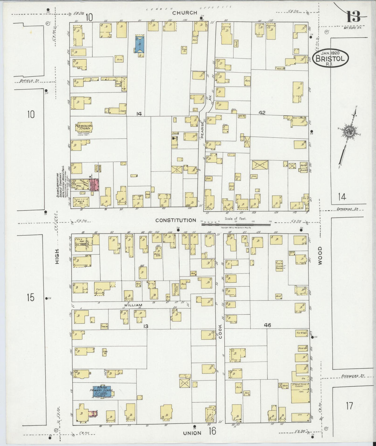 Sanborn Fire Insurance Map from Bristol, Bristol County, Rhode Island (1920), Sheet #0013 - Historic Sanborn Fire Insurance Map Print, vintage old map wall art, antique decor, genealogy gift, Rhode Island Rhode Island map