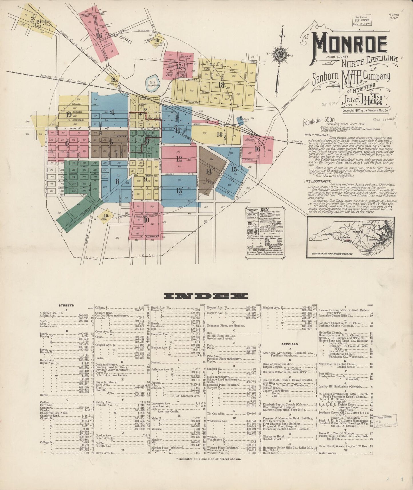 Sanborn Fire Insurance Map from Monroe, Union County, North Carolina (1922), Sheet #0001 - Complete Map Set gallery image, historic Sanborn map, vintage wall art, North Carolina North Carolina