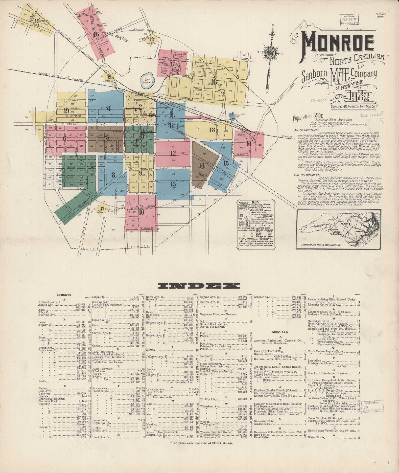 Sanborn Fire Insurance Map from Monroe, Union County, North Carolina (1922), Sheet #0001 - Complete Map Set gallery image, historic Sanborn map, vintage wall art, North Carolina North Carolina