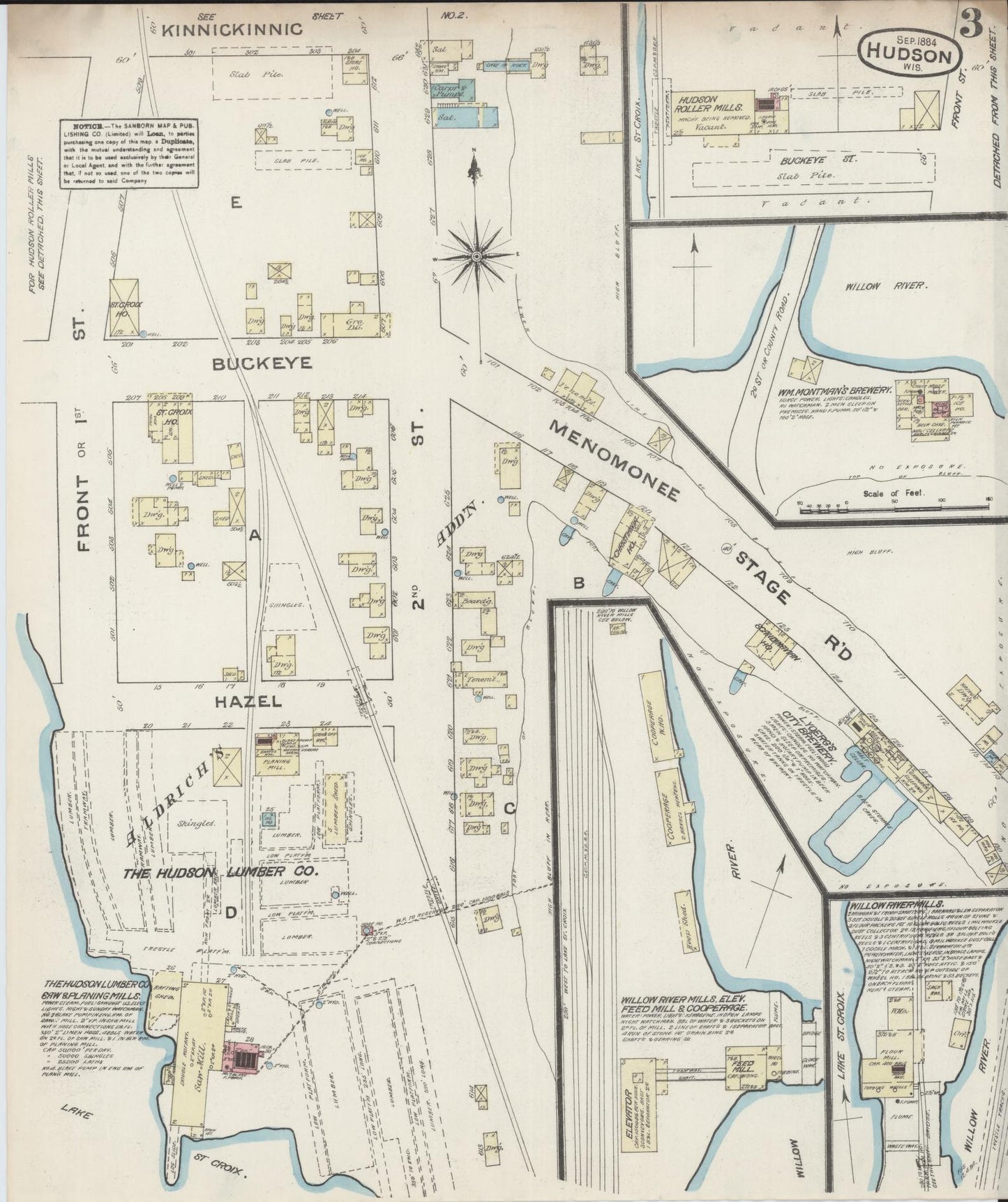 Sanborn Fire Insurance Map from Hudson, St. Croix County, Wisconsin (1884), Sheet #0003 - Historic Sanborn Fire Insurance Map Print, vintage old map wall art, antique decor, genealogy gift, Wisconsin Wisconsin map