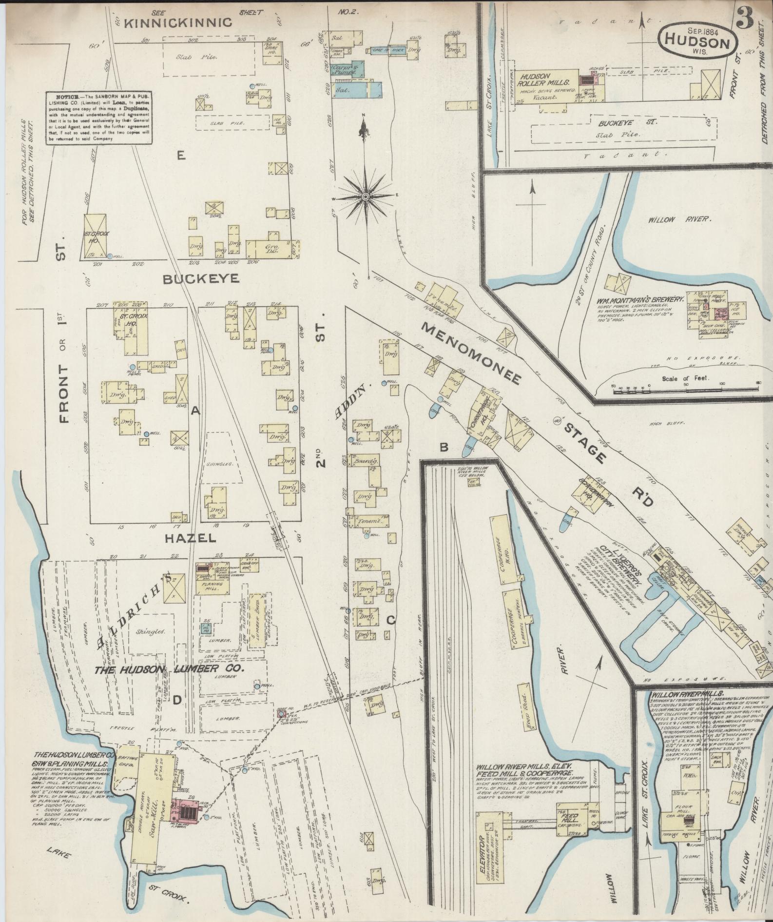 Sanborn Fire Insurance Map from Hudson, St. Croix County, Wisconsin (1884), Sheet #0003 - Historic Sanborn Fire Insurance Map Print, vintage old map wall art, antique decor, genealogy gift, Wisconsin Wisconsin map