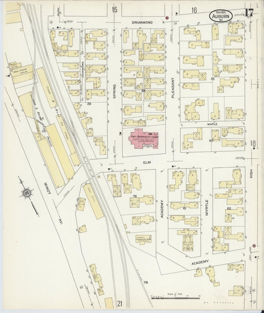 Sanborn Fire Insurance Map from Auburn, Androscoggin County, Maine (1914), Sheet #0017 - Historic Sanborn Fire Insurance Map Print, vintage old map wall art, antique decor, genealogy gift, Maine Maine map