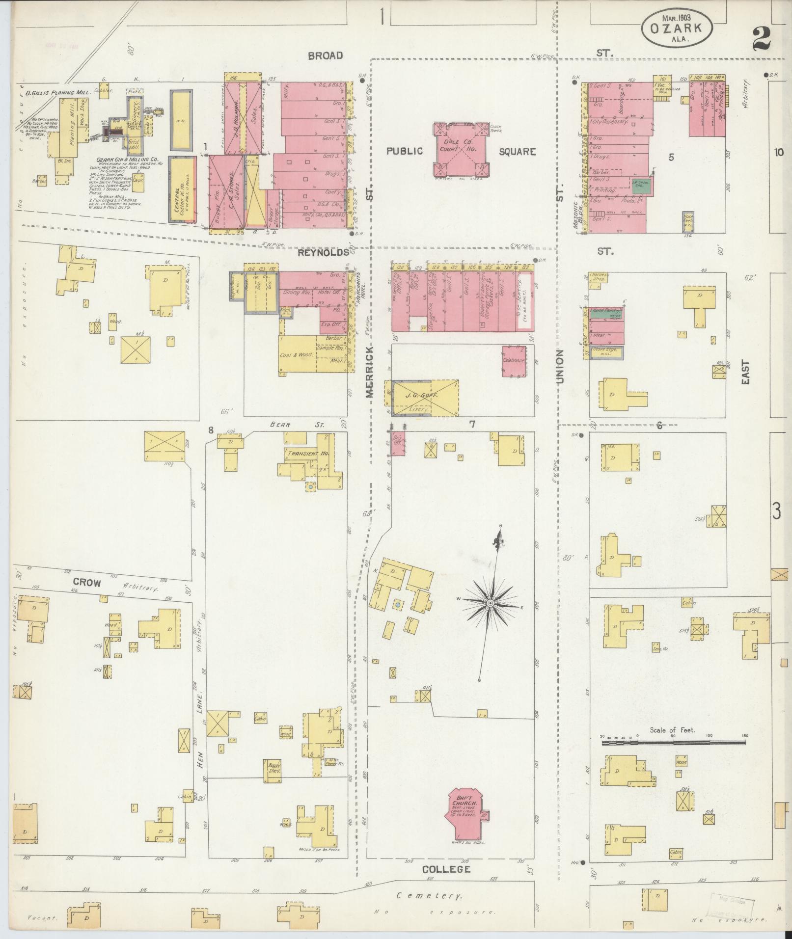 Sanborn Fire Insurance Map from Ozark, Dale County, Alabama (1903), Sheet #0002 - Complete Map Set gallery image, historic Sanborn map, vintage wall art, Alabama Alabama