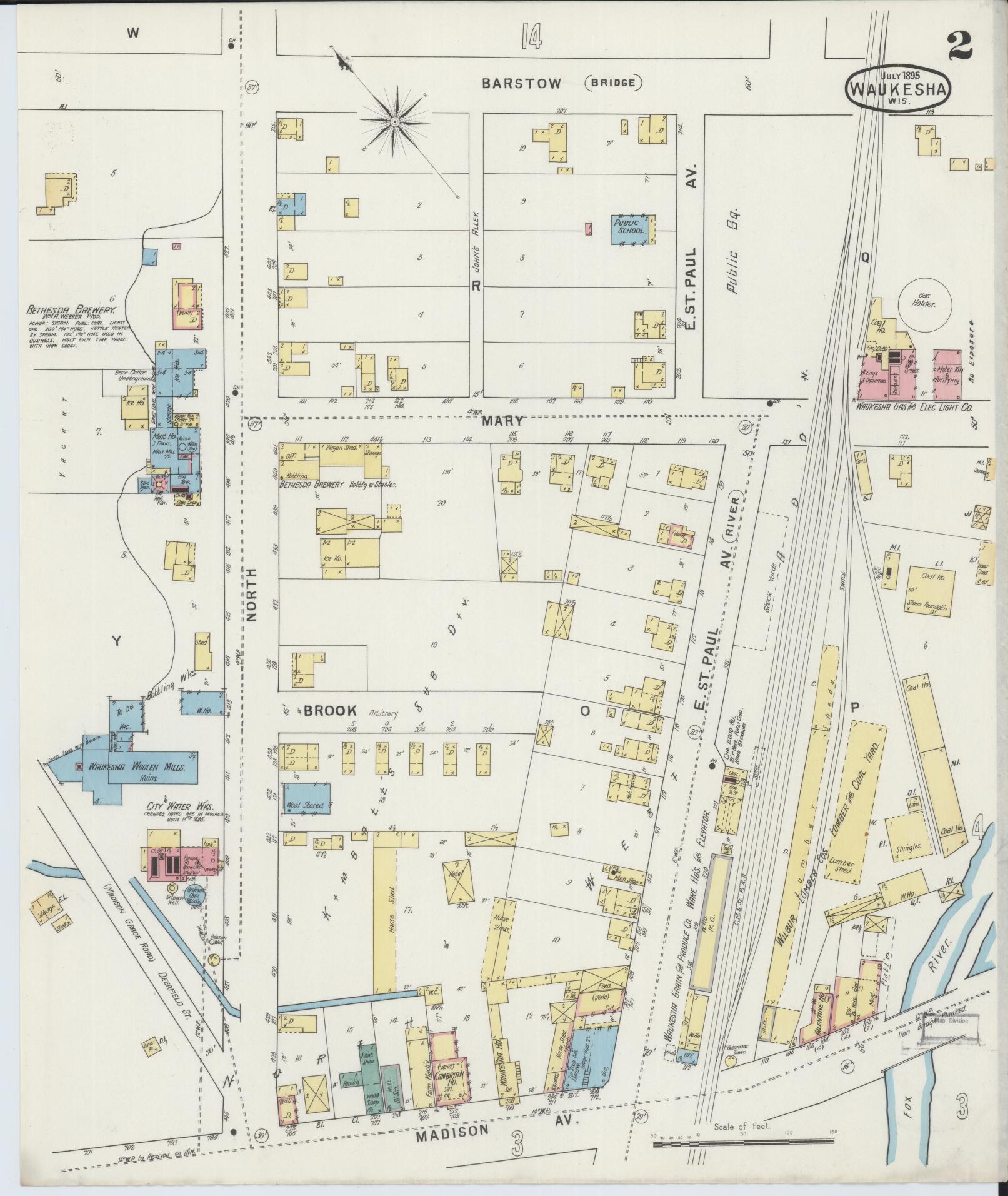 Sanborn Fire Insurance Map from Waukesha, Waukesha County, Wisconsin (1895), Sheet #0002 - Complete Map Set gallery image, historic Sanborn map, vintage wall art, Wisconsin Wisconsin