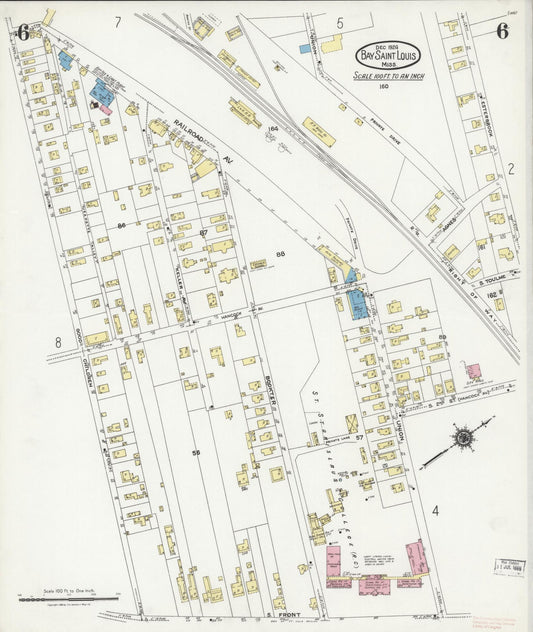 Sanborn Fire Insurance Map from Bay Saint Louis, Hancock County, Mississippi (1924), Sheet #0006 - Historic Sanborn Fire Insurance Map Print, vintage old map wall art, antique decor, genealogy gift, Mississippi Mississippi map