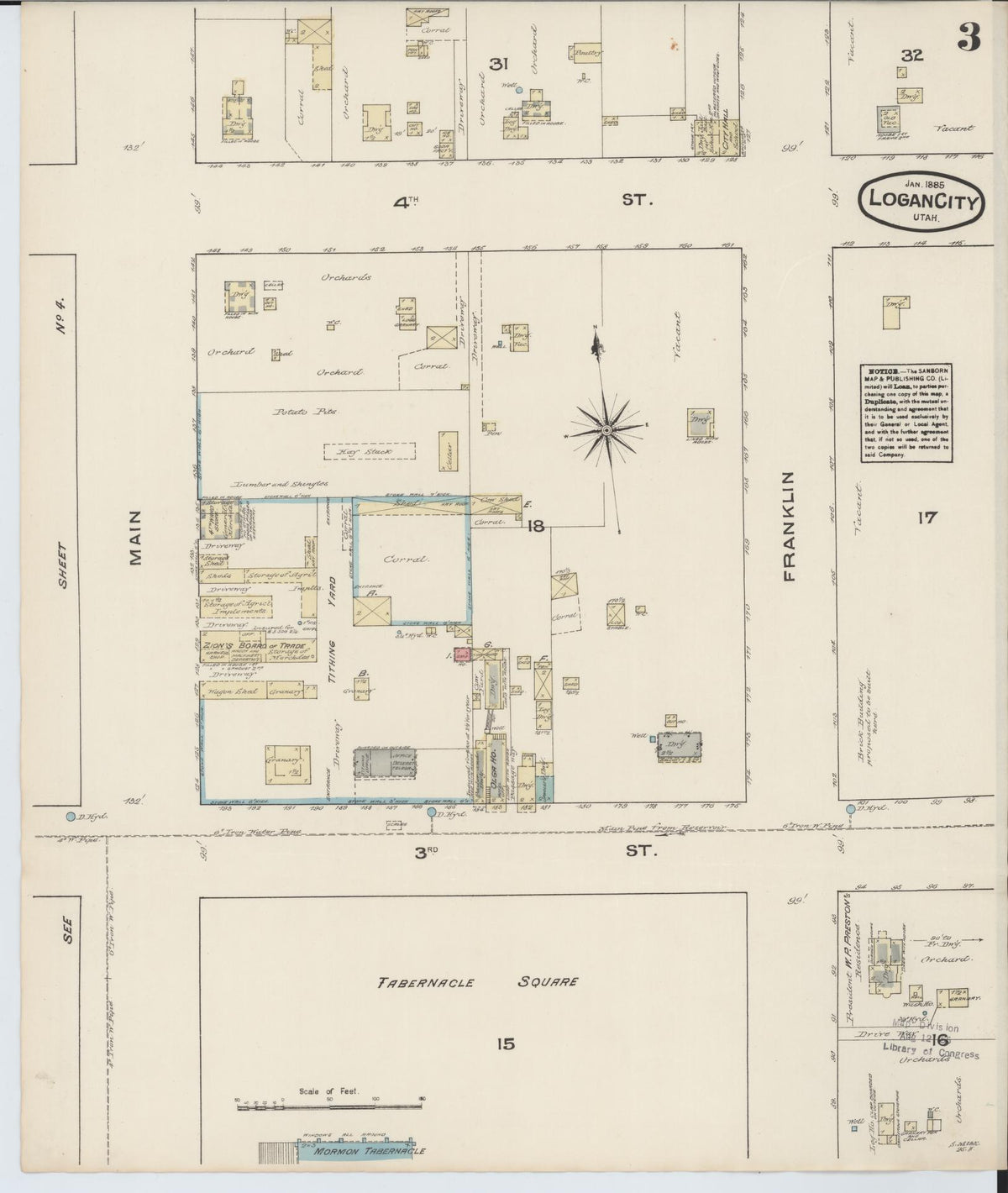Sanborn Fire Insurance Map from Logan, Cache County, Utah (1885), Sheet #0003 - Complete Map Set gallery image, historic Sanborn map, vintage wall art, Utah Utah