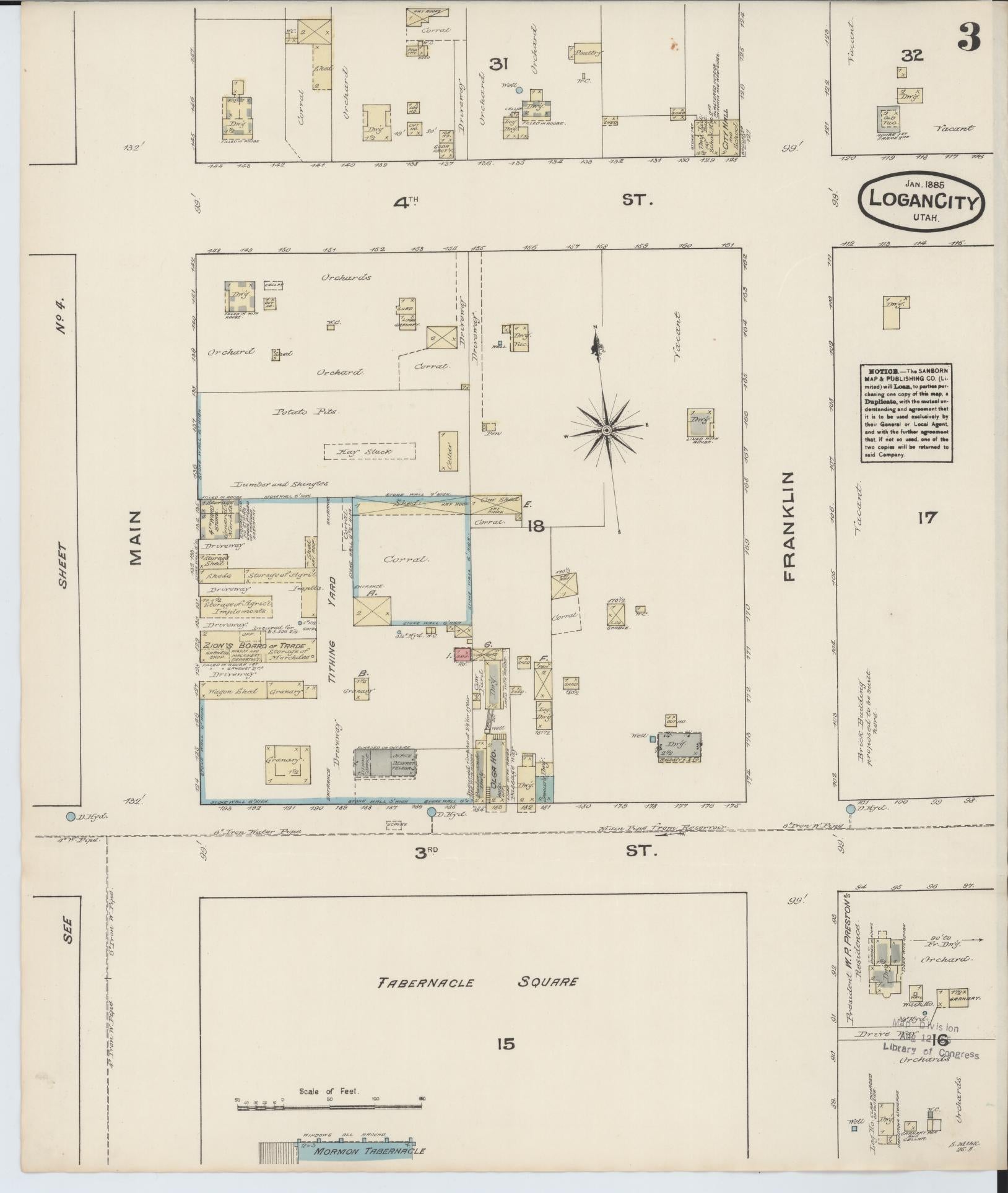 Sanborn Fire Insurance Map from Logan, Cache County, Utah (1885), Sheet #0003 - Complete Map Set gallery image, historic Sanborn map, vintage wall art, Utah Utah