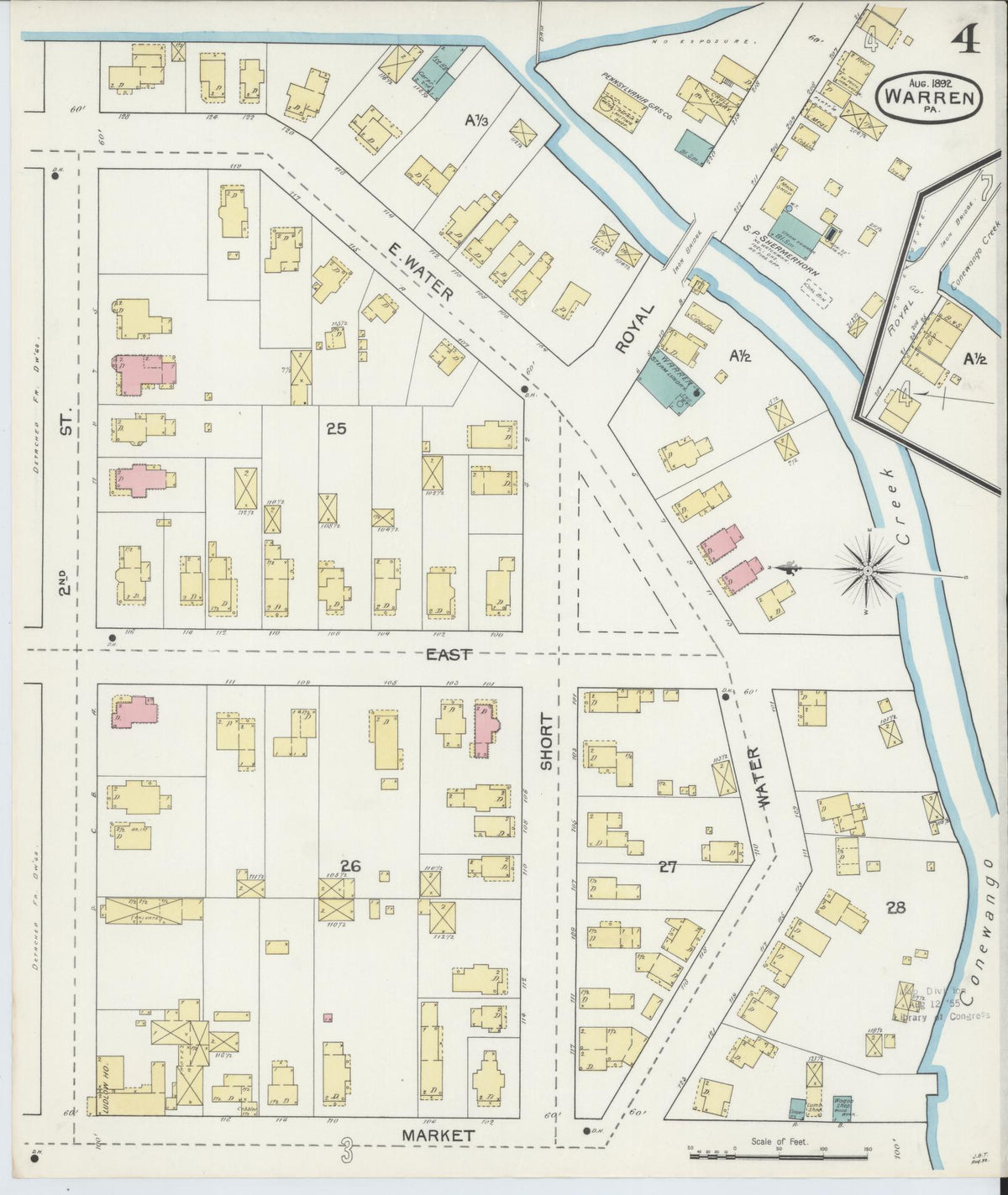 Sanborn Fire Insurance Map from Warren, Warren County, Pennsylvania (1892), Sheet #0004 - Historic Sanborn Fire Insurance Map Print, vintage old map wall art, antique decor, genealogy gift, Pennsylvania Pennsylvania map