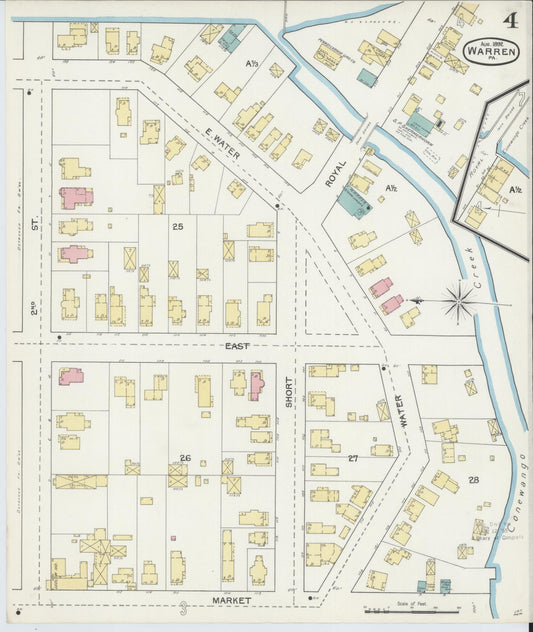 Sanborn Fire Insurance Map from Warren, Warren County, Pennsylvania (1892), Sheet #0004 - Historic Sanborn Fire Insurance Map Print, vintage old map wall art, antique decor, genealogy gift, Pennsylvania Pennsylvania map