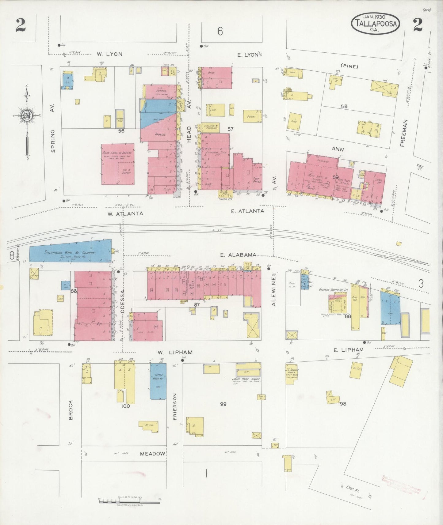 Sanborn Fire Insurance Map from Tallapoosa, Haralson County, Georgia (1930), Sheet #0002 - Complete Map Set gallery image, historic Sanborn map, vintage wall art, Georgia Georgia