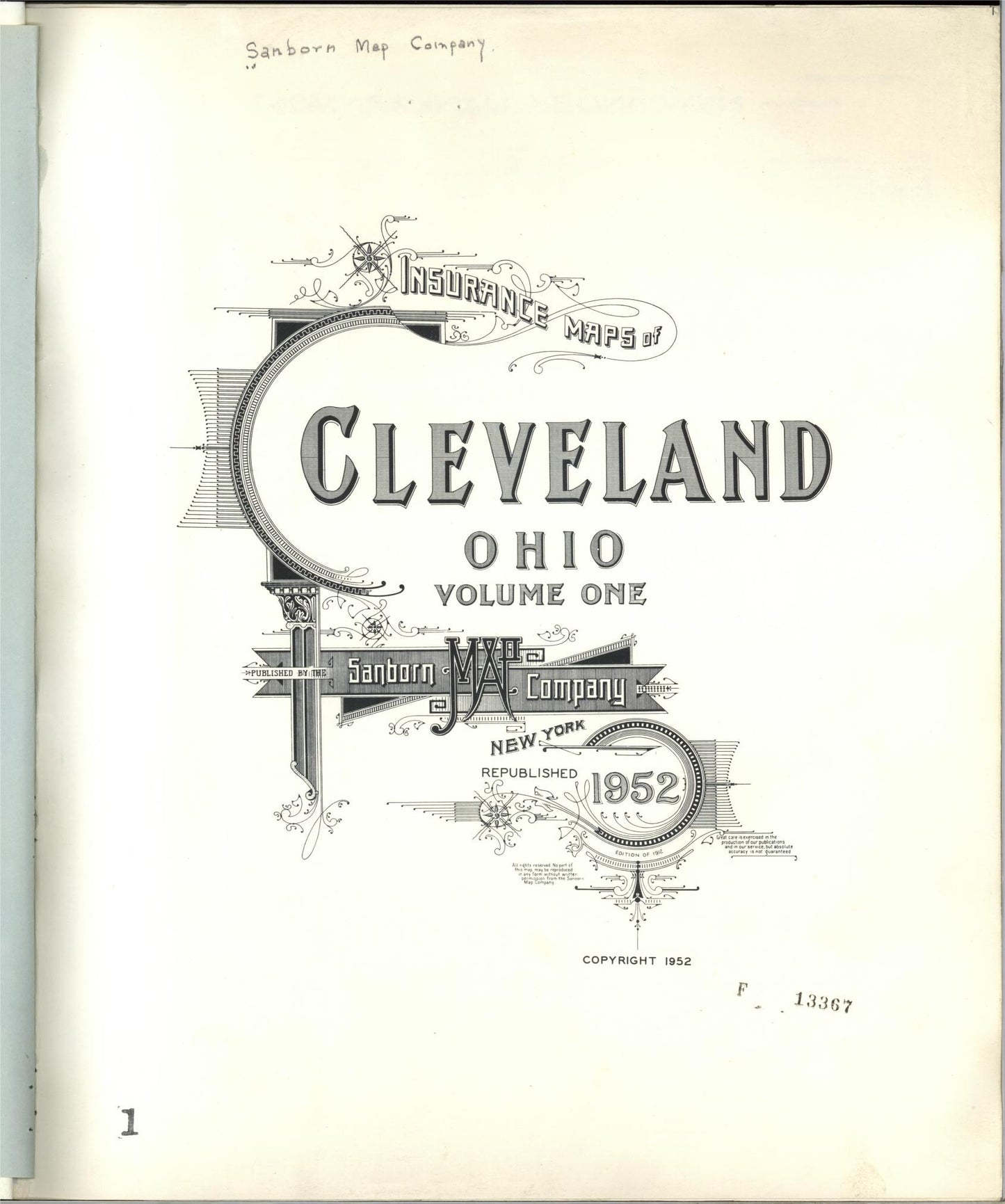 Sanborn Fire Insurance Map from Cleveland, Cuyahoga County, Ohio (1952), Sheet #0001 - Historic Sanborn Fire Insurance Map Print, vintage old map wall art, antique decor, genealogy gift, Ohio Ohio map