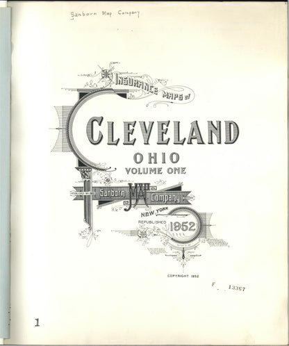 Sanborn Fire Insurance Map from Cleveland, Cuyahoga County, Ohio (1952), Sheet #0001 - Historic Sanborn Fire Insurance Map Print, vintage old map wall art, antique decor, genealogy gift, Ohio Ohio map