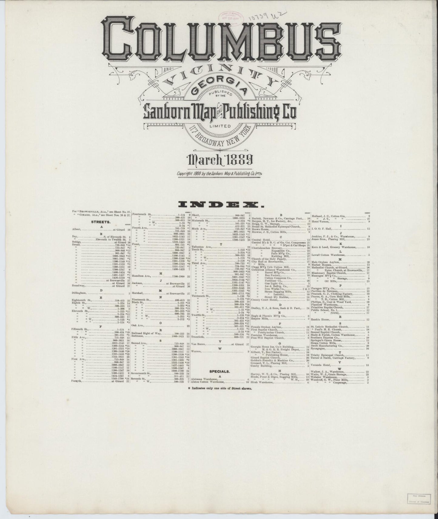 Sanborn Fire Insurance Map from Columbus, Muscogee County, Georgia (1889), Sheet #0001 - Historic Sanborn Fire Insurance Map Print, vintage old map wall art, antique decor, genealogy gift, Georgia Georgia map