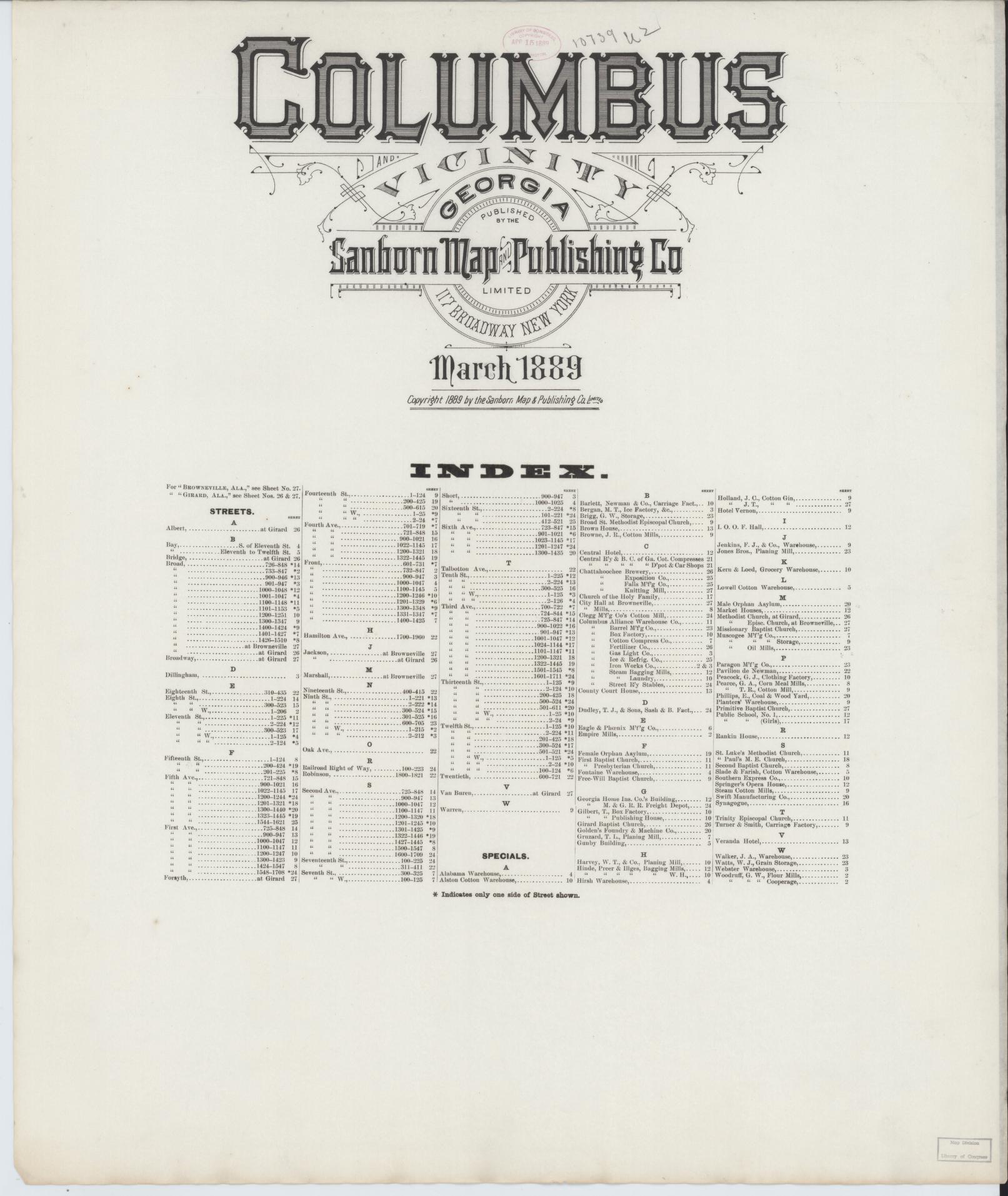 Sanborn Fire Insurance Map from Columbus, Muscogee County, Georgia (1889), Sheet #0001 - Historic Sanborn Fire Insurance Map Print, vintage old map wall art, antique decor, genealogy gift, Georgia Georgia map