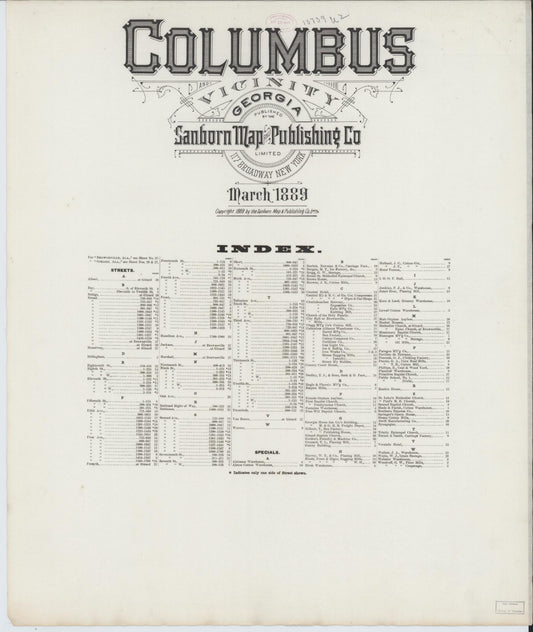 Sanborn Fire Insurance Map from Columbus, Muscogee County, Georgia (1889), Sheet #0001 - Historic Sanborn Fire Insurance Map Print, vintage old map wall art, antique decor, genealogy gift, Georgia Georgia map