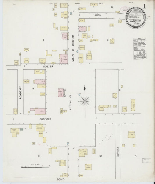 Sanborn Fire Insurance Map from Marion, Marion County, South Carolina (1889), Sheet #0001 - Historic Sanborn Fire Insurance Map Print, vintage old map wall art, antique decor, genealogy gift, South Carolina South Carolina map