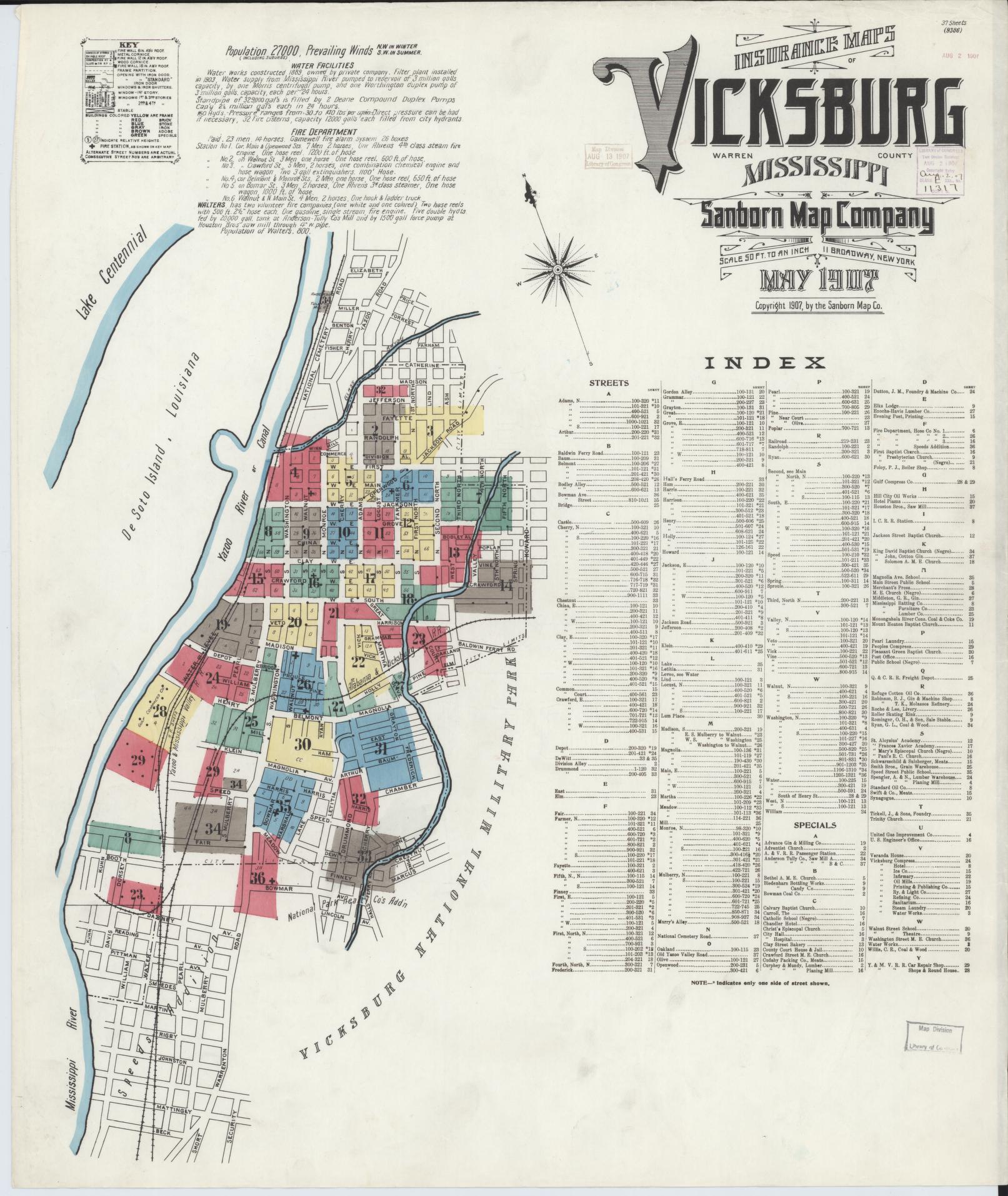 Sanborn Fire Insurance Map from Vicksburg, Warren County, Mississippi (1907), Sheet #0001 - Complete Map Set gallery image, historic Sanborn map, vintage wall art, Mississippi Mississippi