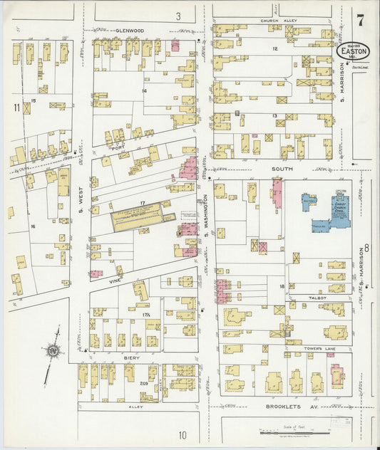 Sanborn Fire Insurance Map from Easton, Talbot County, Maryland (1919), Sheet #0007 - Historic Sanborn Fire Insurance Map Print, vintage old map wall art, antique decor, genealogy gift, Maryland Maryland map