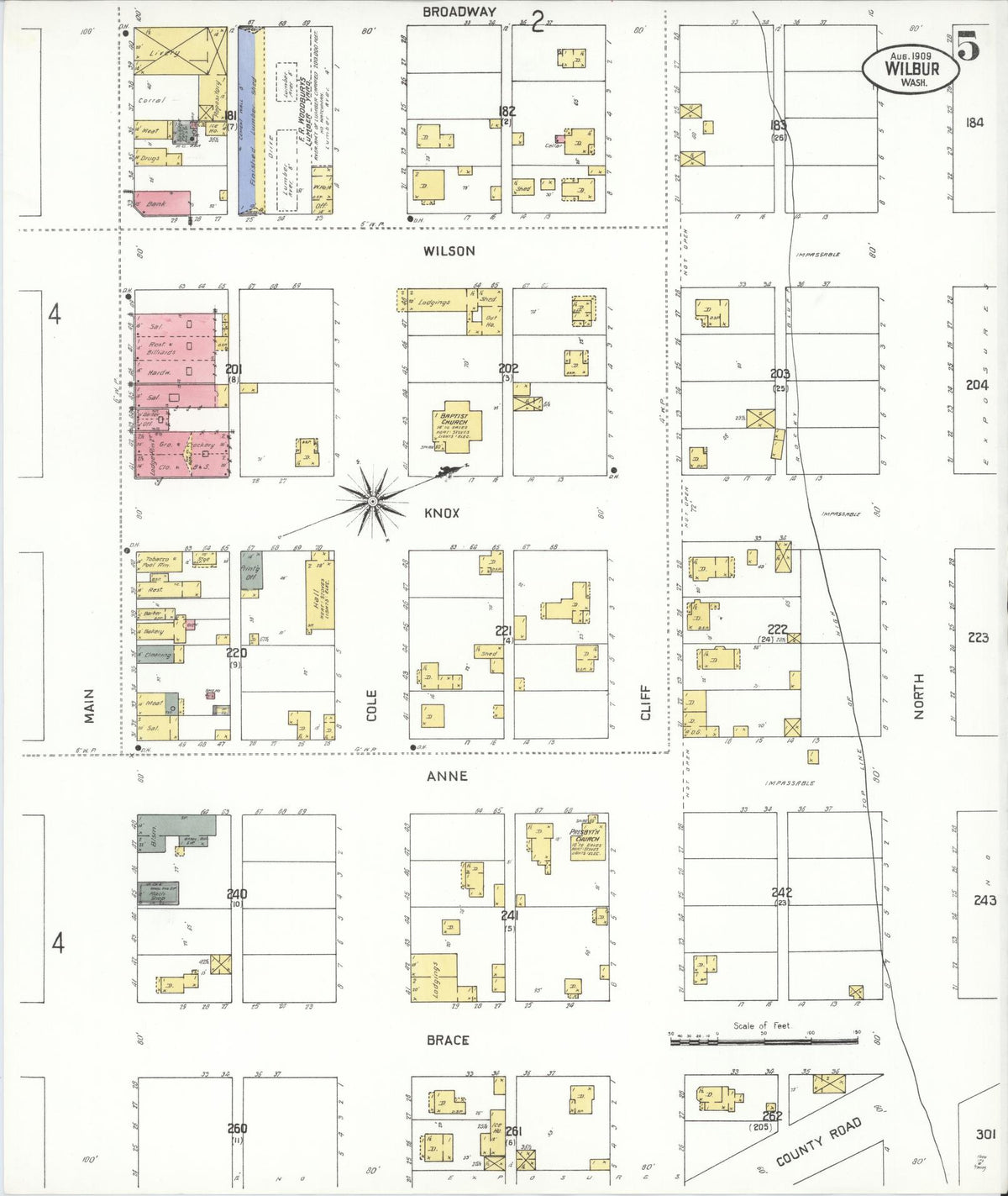 Sanborn Fire Insurance Map from Wilbur, Lincoln County, Washington (1909), Sheet #0005 - Historic Sanborn Fire Insurance Map Print, vintage old map wall art, antique decor, genealogy gift, Washington Washington map