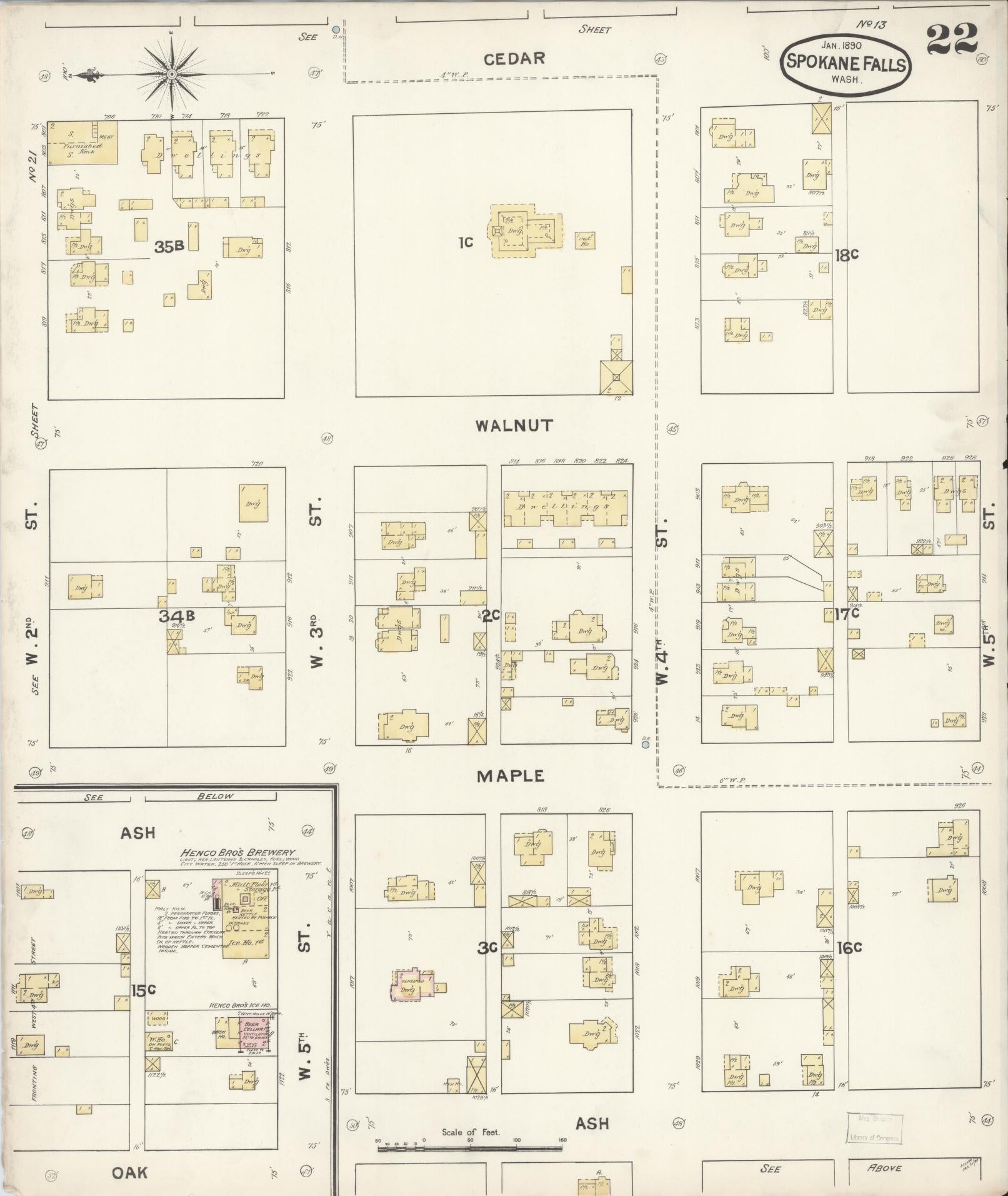 Sanborn Fire Insurance Map from Spokane, Spokane County, Washington (1890), Sheet #0022 - Historic Sanborn Fire Insurance Map Print, vintage old map wall art, antique decor, genealogy gift, Washington Washington map