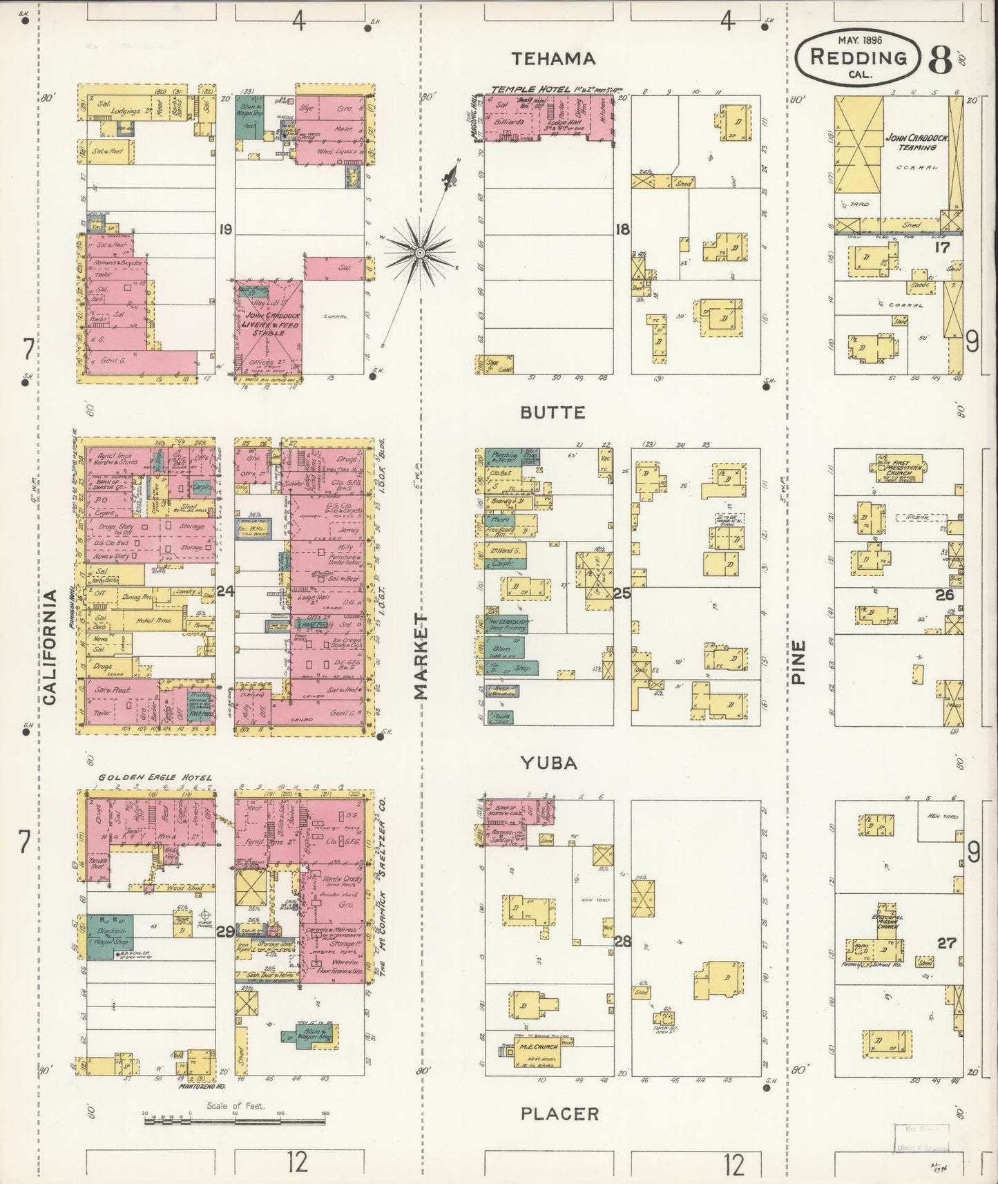 Sanborn Fire Insurance Map from Redding, Shasta County, California (1896), Sheet #0008 - Complete Map Set gallery image, historic Sanborn map, vintage wall art, California California
