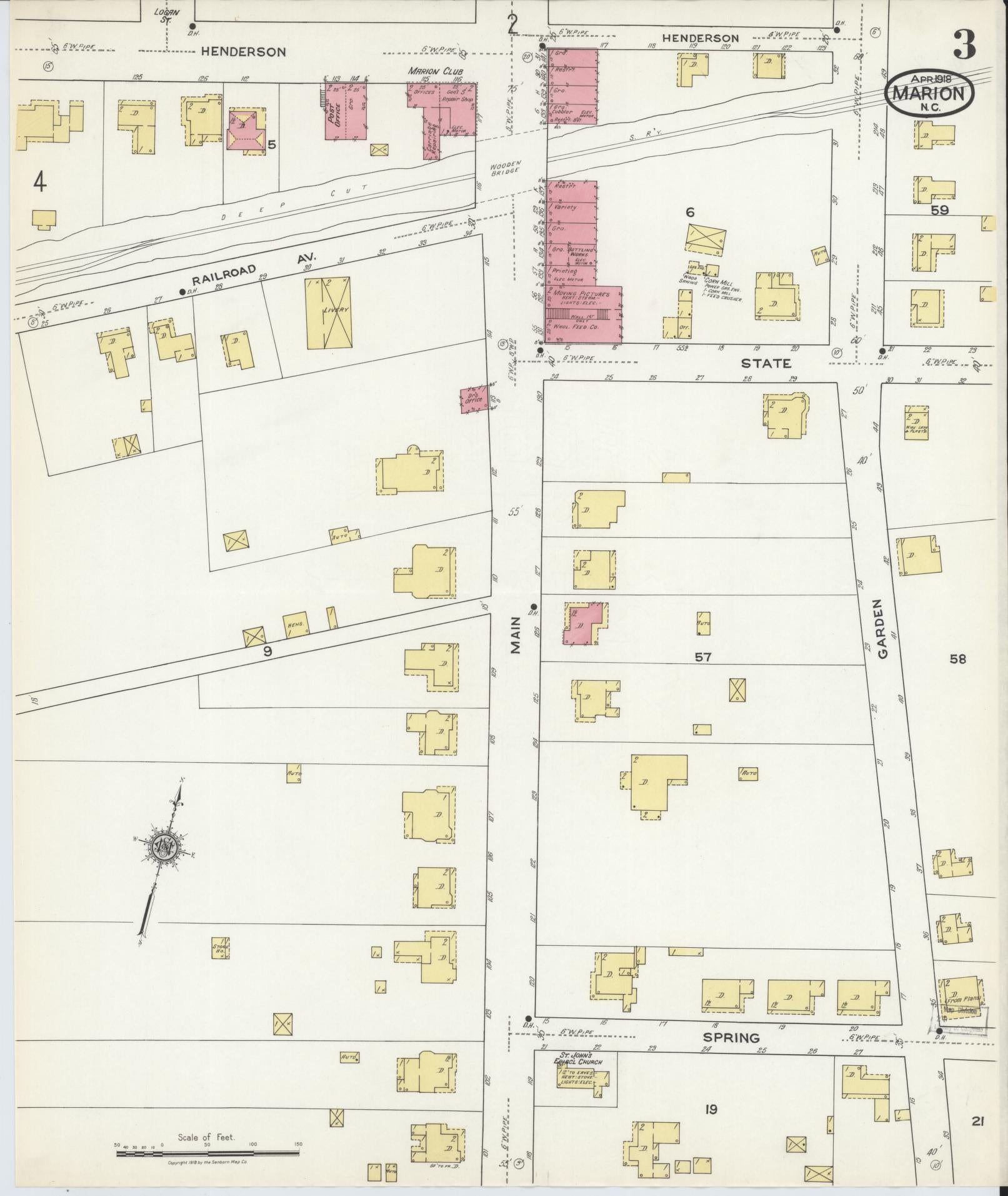 Sanborn Fire Insurance Map from Marion, Mcdowell County, North Carolina (1918), Sheet #0003 - Complete Map Set gallery image, historic Sanborn map, vintage wall art, North Carolina North Carolina