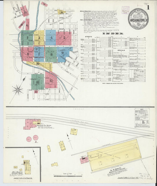 Sanborn Fire Insurance Map from Washington Court House, Fayette County, Ohio (1907), Sheet #0001 - Historic Sanborn Fire Insurance Map Print, vintage old map wall art, antique decor, genealogy gift, Ohio Ohio map