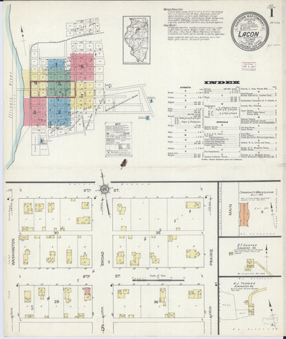 Sanborn Fire Insurance Map from Lacon, Marshall County, Illinois (1913), Sheet #0001 - Historic Sanborn Fire Insurance Map Print, vintage old map wall art, antique decor, genealogy gift, Illinois Illinois map
