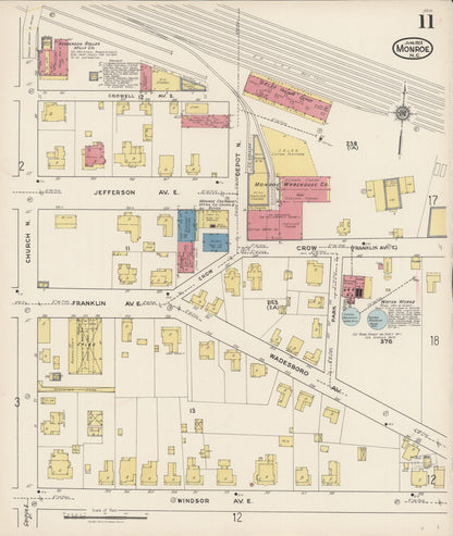 Sanborn Fire Insurance Map from Monroe, Union County, North Carolina (1922), Sheet #0011 - Historic Sanborn Fire Insurance Map Print, vintage old map wall art, antique decor, genealogy gift, North Carolina North Carolina map