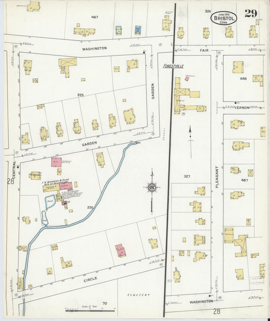 Sanborn Fire Insurance Map from Bristol, Hartford County, Connecticut (1916), Sheet #0029 - Historic Sanborn Fire Insurance Map Print, vintage old map wall art, antique decor, genealogy gift, Connecticut Connecticut map
