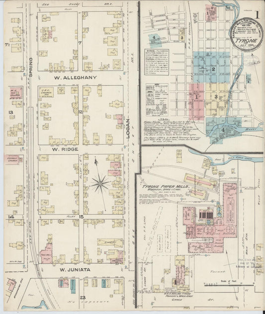 Sanborn Fire Insurance Map from Tyrone, Blair County, Pennsylvania (1884), Sheet #0001 - Historic Sanborn Fire Insurance Map Print, vintage old map wall art, antique decor, genealogy gift, Pennsylvania Pennsylvania map