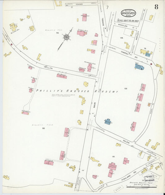 Sanborn Fire Insurance Map from Andover, Essex County, Massachusetts (1917), Sheet #0008 - Historic Sanborn Fire Insurance Map Print, vintage old map wall art, antique decor, genealogy gift, Massachusetts Massachusetts map
