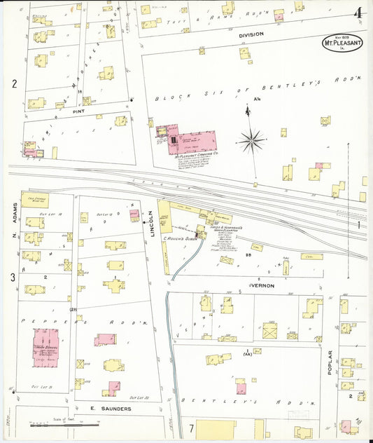 Sanborn Fire Insurance Map from Mount Pleasant, Henry County, Iowa (1909), Sheet #0004 - Historic Sanborn Fire Insurance Map Print, vintage old map wall art