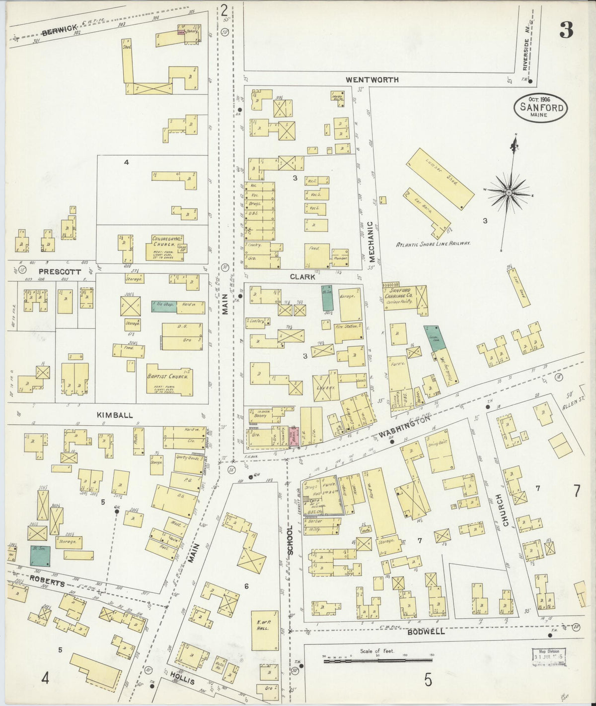 Sanborn Fire Insurance Map from Sanford, York County, Maine (1906), Sheet #0003 - Complete Map Set gallery image, historic Sanborn map, vintage wall art, Maine Maine