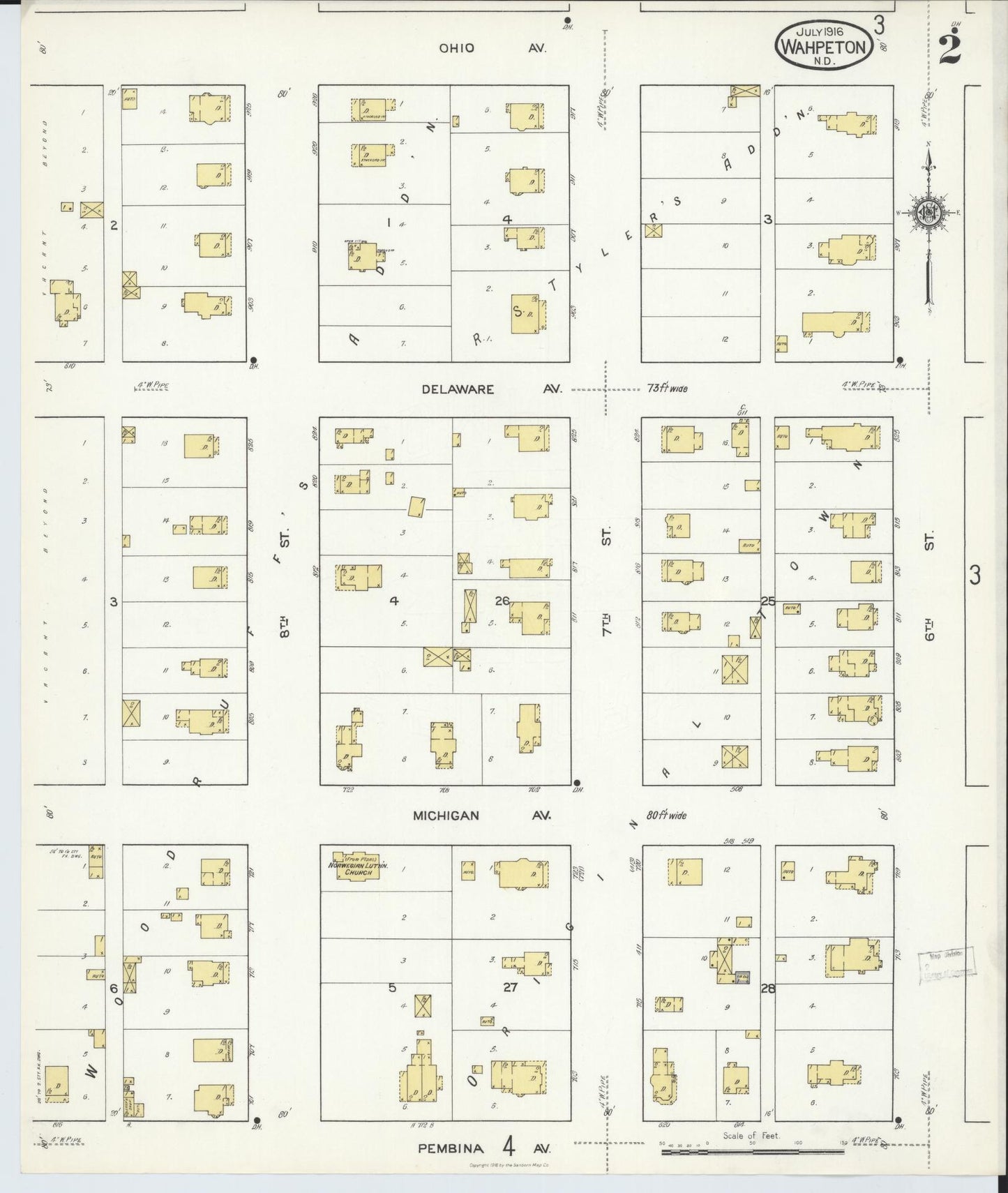 Sanborn Fire Insurance Map from Wahpeton, Richland County, North Dakota (1916), Sheet #0002 - Complete Map Set gallery image, historic Sanborn map, vintage wall art, North Dakota North Dakota