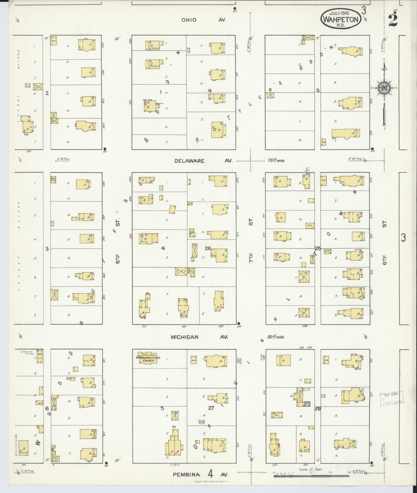 Sanborn Fire Insurance Map from Wahpeton, Richland County, North Dakota (1916), Sheet #0002 - Complete Map Set gallery image, historic Sanborn map, vintage wall art, North Dakota North Dakota
