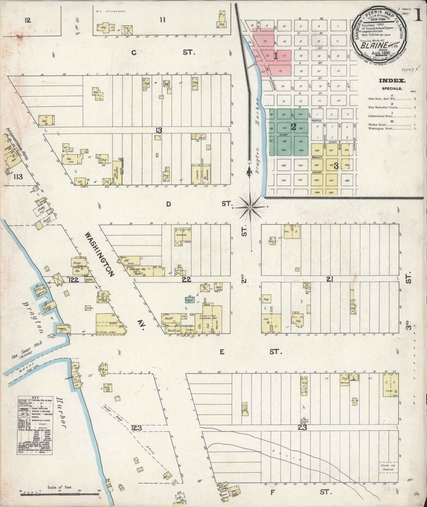 Sanborn Fire Insurance Map from Blaine, Whatcom County, Washington (1890), Sheet #0001 - Historic Sanborn Fire Insurance Map Print, vintage old map wall art, antique decor, genealogy gift, Washington Washington map