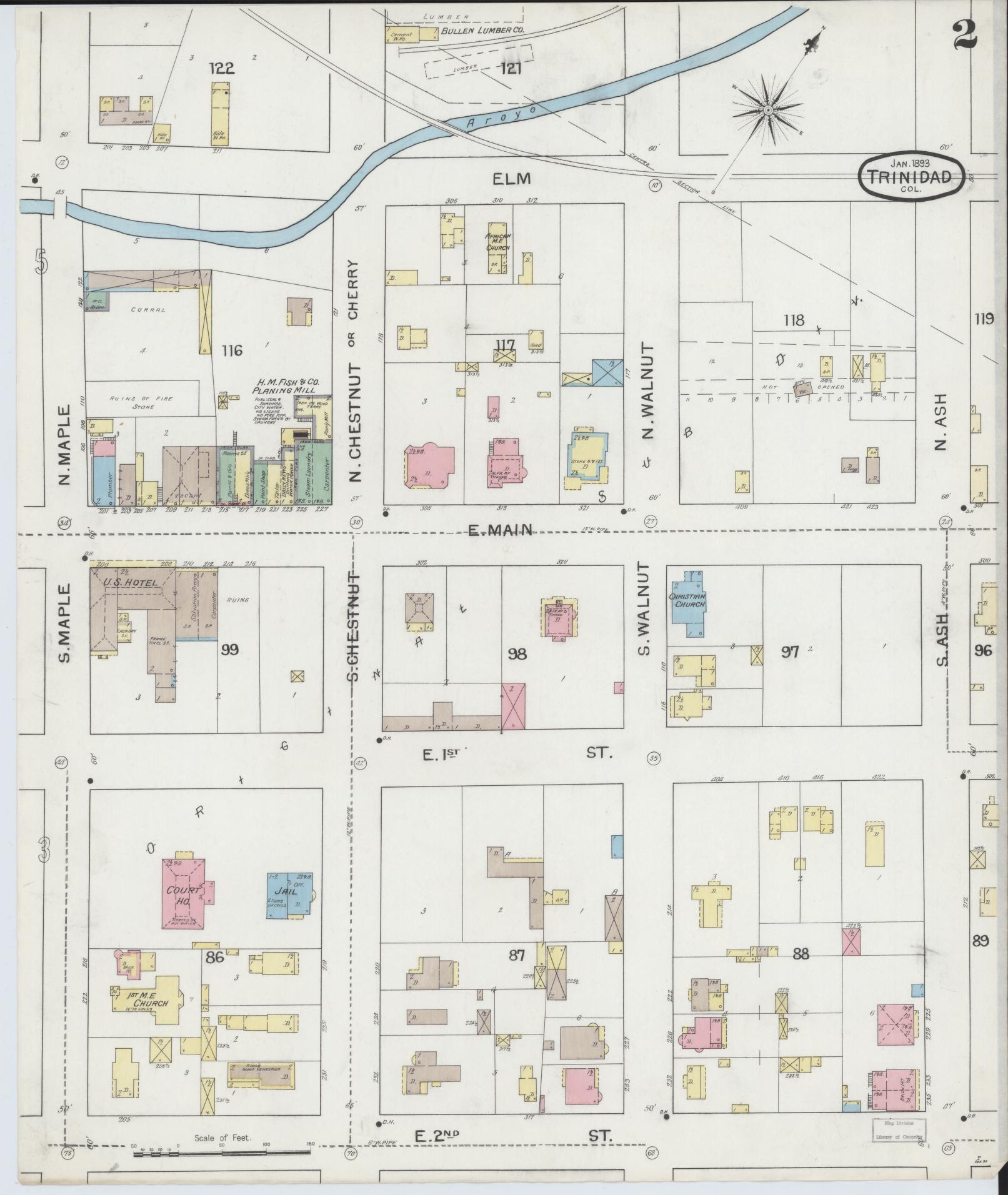 Sanborn Fire Insurance Map from Trinidad, Las Animas County, Colorado (1893), Sheet #0002 - Historic Sanborn Fire Insurance Map Print, vintage old map wall art, antique decor, genealogy gift, Colorado Colorado map
