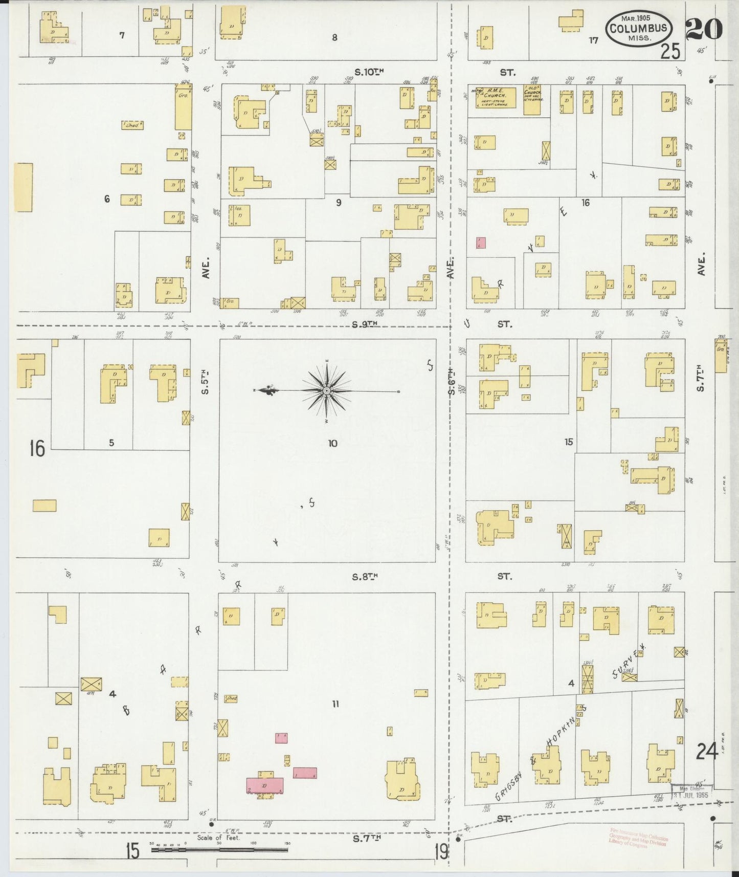 Sanborn Fire Insurance Map from Columbus, Lowndes County, Mississippi (1905), Sheet #0020 - Complete Map Set gallery image, historic Sanborn map, vintage wall art, Mississippi Mississippi