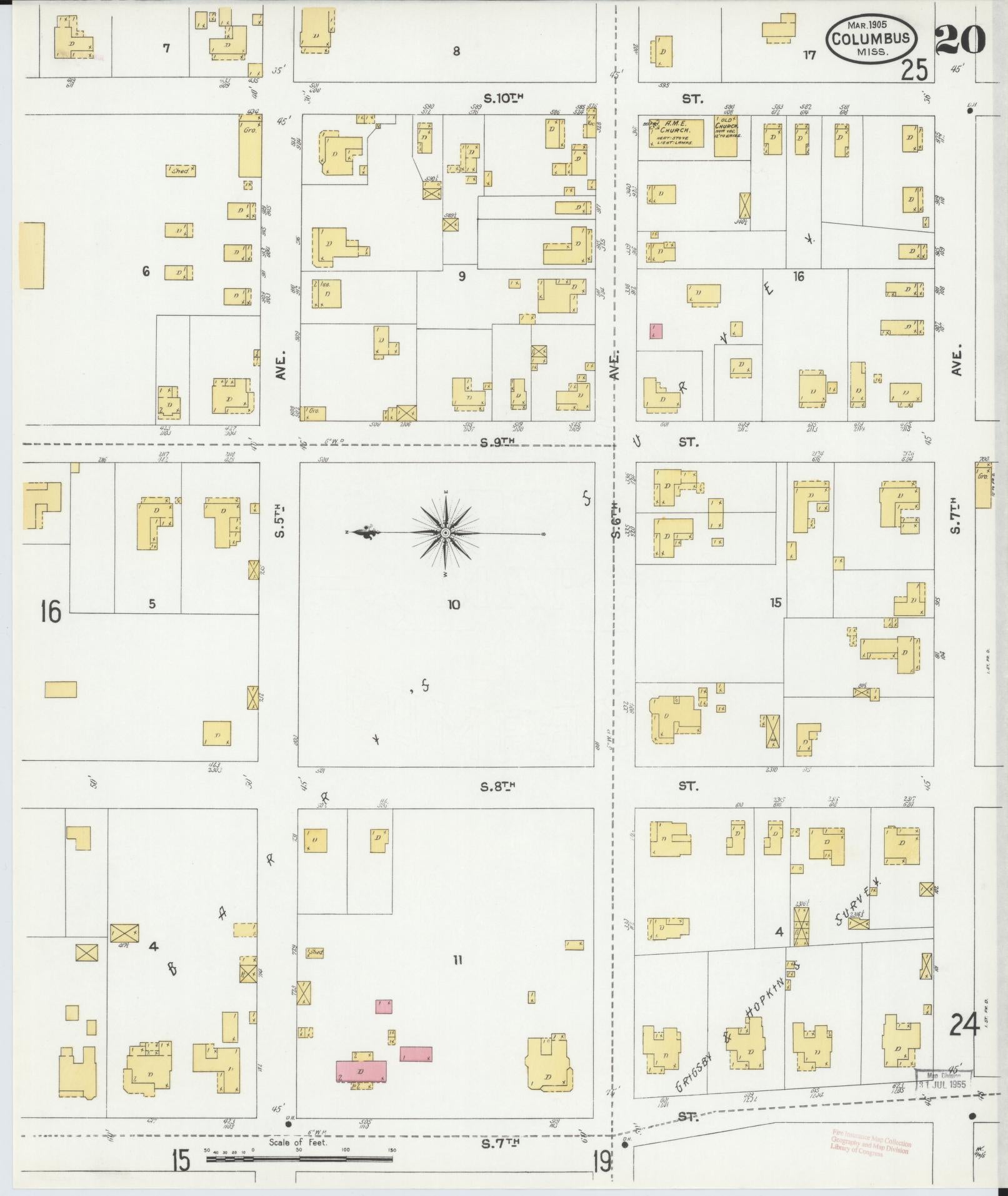 Sanborn Fire Insurance Map from Columbus, Lowndes County, Mississippi (1905), Sheet #0020 - Complete Map Set gallery image, historic Sanborn map, vintage wall art, Mississippi Mississippi