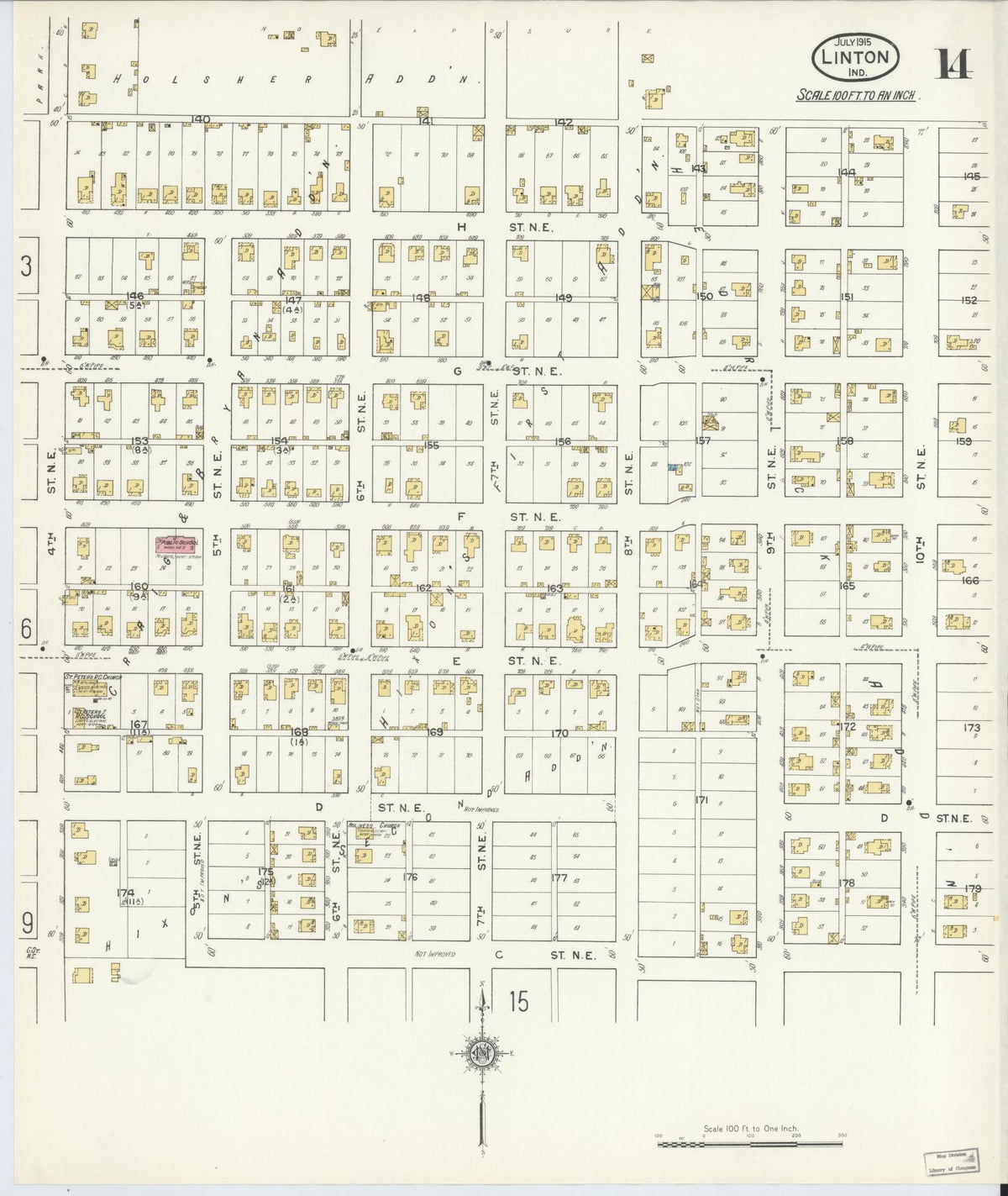 Sanborn Fire Insurance Map from Linton, Greene County, Indiana (1915), Sheet #0014 - Historic Sanborn Fire Insurance Map Print, vintage old map wall art, antique decor, genealogy gift, Indiana Indiana map