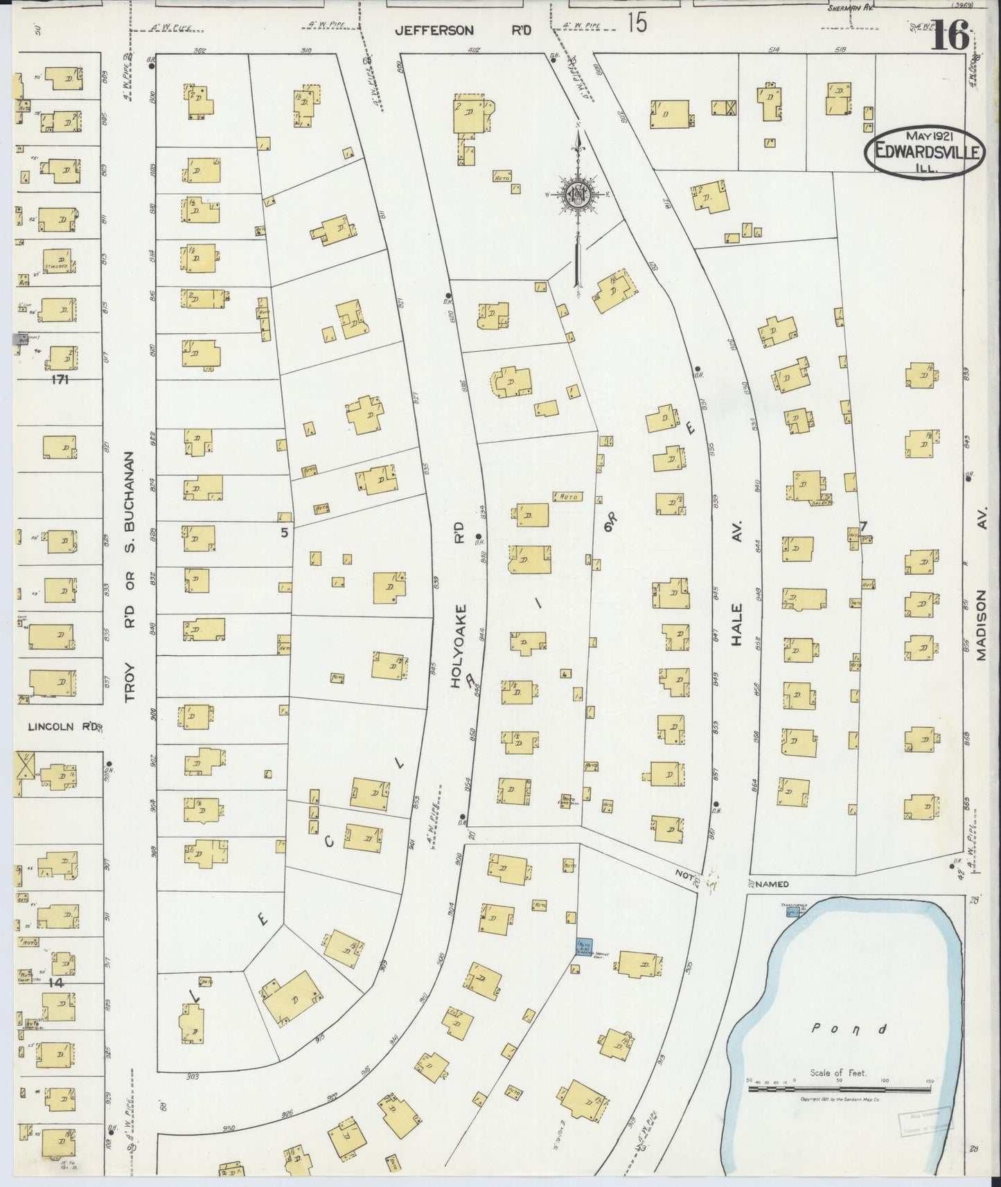 Sanborn Fire Insurance Map from Edwardsville, Madison County, Illinois (1921), Sheet #0016 - Historic Sanborn Fire Insurance Map Print, vintage old map wall art, antique decor, genealogy gift, Illinois Illinois map