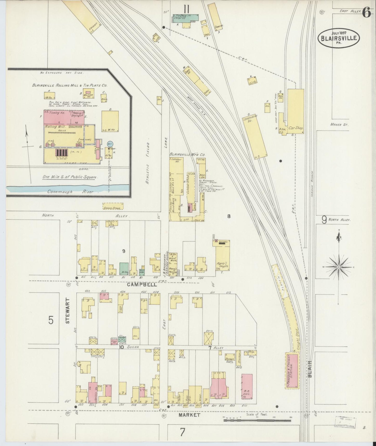 Sanborn Fire Insurance Map from Blairsville, Indiana County, Pennsylvania (1897), Sheet #0006 - Historic Sanborn Fire Insurance Map Print, vintage old map wall art, antique decor, genealogy gift, Pennsylvania Pennsylvania map