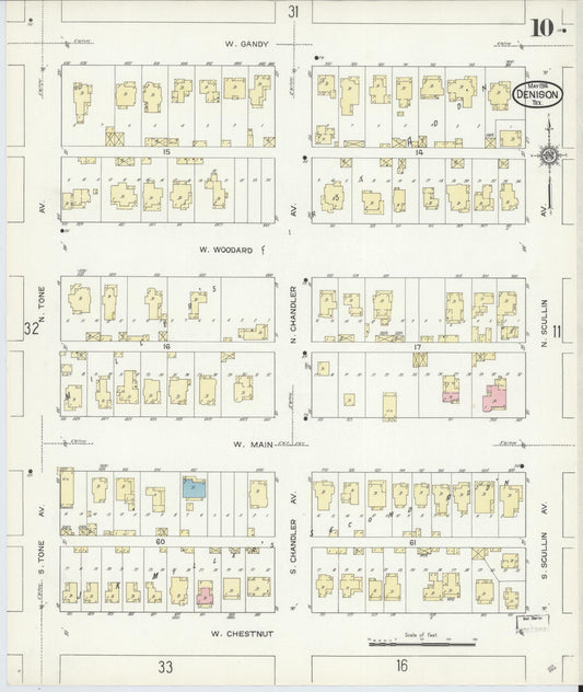 Sanborn Fire Insurance Map from Denison, Grayson County, Texas (1914), Sheet #0010 - Historic Sanborn Fire Insurance Map Print, vintage old map wall art, antique decor, genealogy gift, Texas Texas map