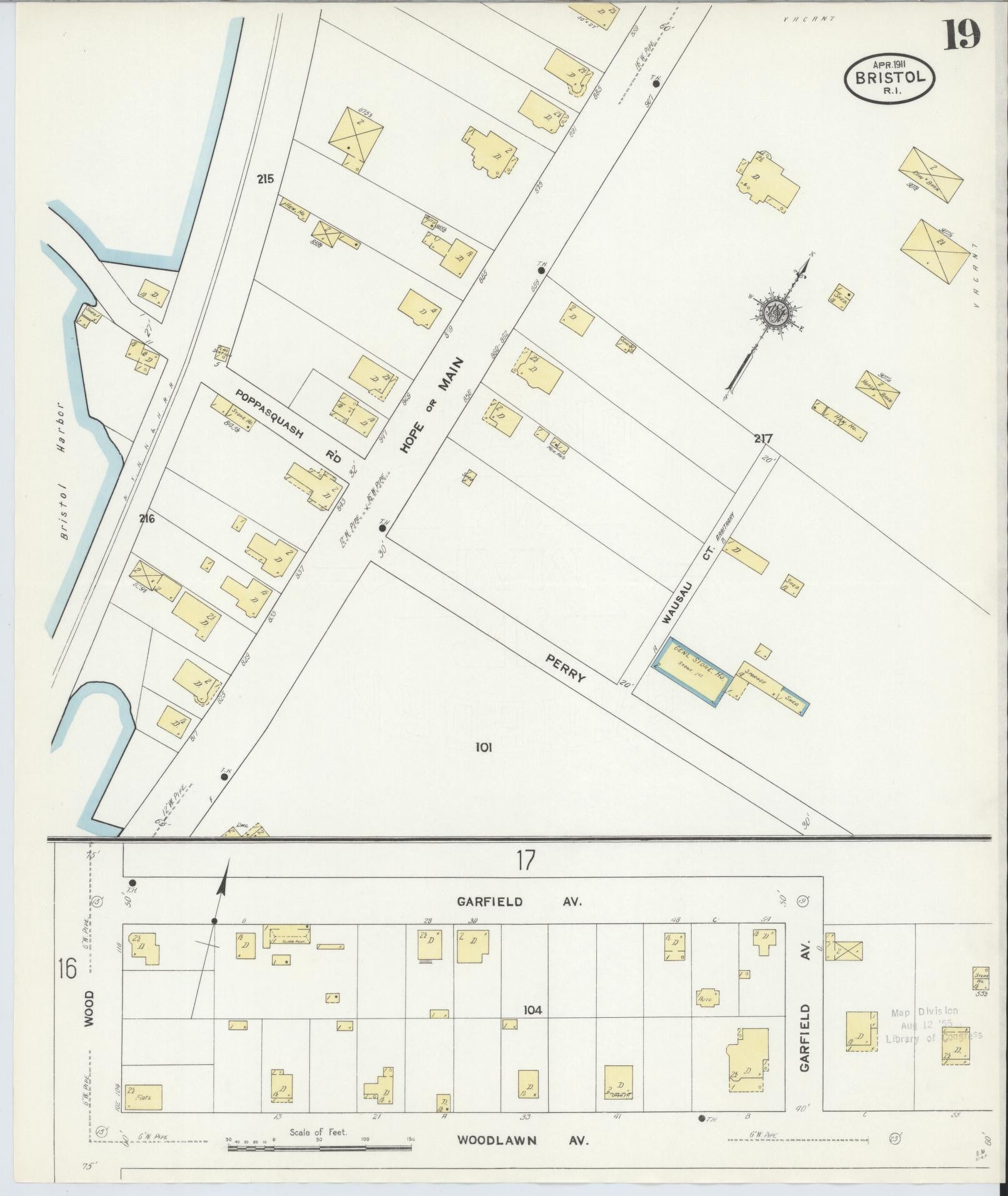 Sanborn Fire Insurance Map from Bristol, Bristol County, Rhode Island (1911), Sheet #0019 - Historic Sanborn Fire Insurance Map Print, vintage old map wall art, antique decor, genealogy gift, Rhode Island Rhode Island map