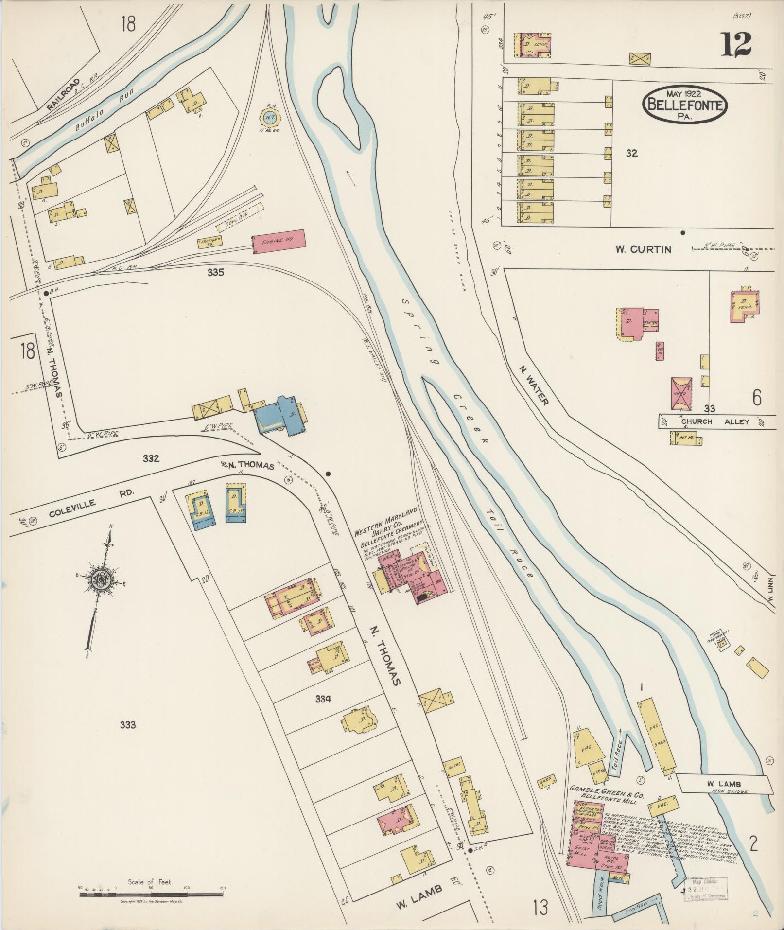Sanborn Fire Insurance Map from Bellefonte, Centre County, Pennsylvania (1922), Sheet #0012 - Historic Sanborn Fire Insurance Map Print, vintage old map wall art, antique decor, genealogy gift, Pennsylvania Pennsylvania map