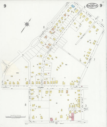 Sanborn Fire Insurance Map from Burlington, Alamance County, North Carolina (1929), Sheet #0009 - Historic Sanborn Fire Insurance Map Print, vintage old map wall art, antique decor, genealogy gift, North Carolina North Carolina map