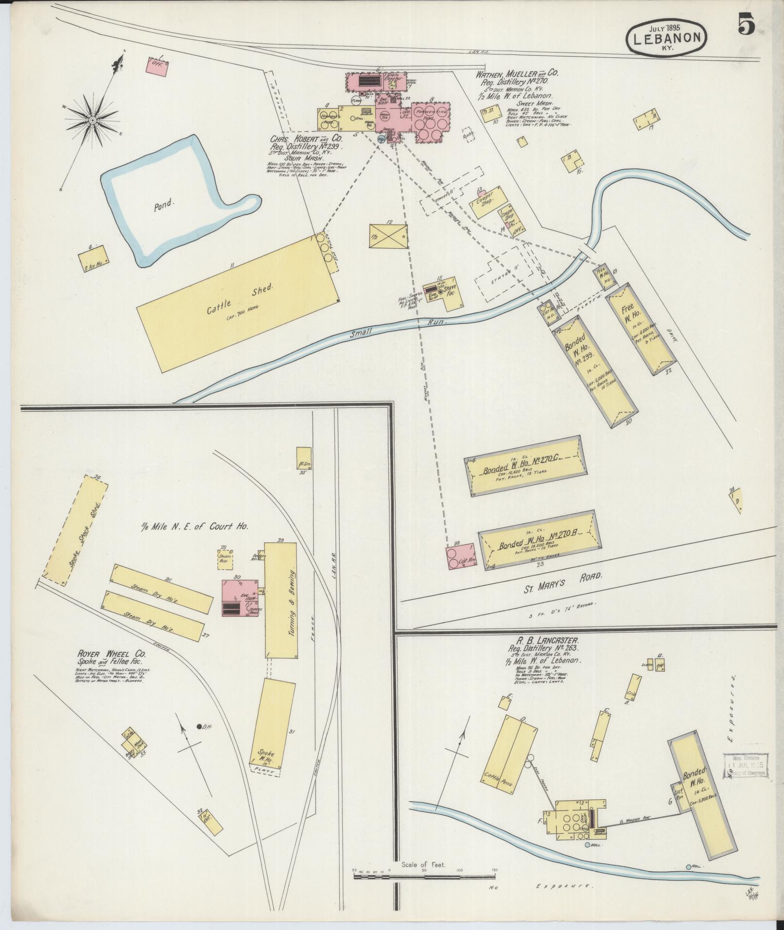 Sanborn Fire Insurance Map from Lebanon, Marion County, Kentucky (1895), Sheet #0005 - Complete Map Set gallery image, historic Sanborn map, vintage wall art, Kentucky Kentucky